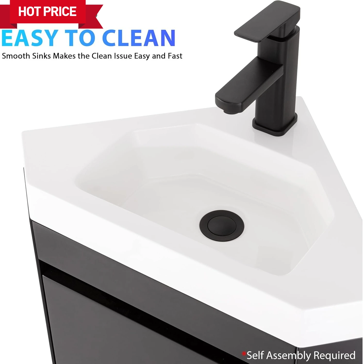 22" Corner Bathroom Vanity Sink Combo for Small Space Wall Mounted Floating Cabinet with White Resin Sink & Matte Black Faucet 5