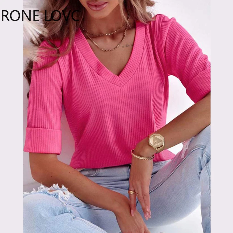 

Женская однотонная блузка с V-образным вырезом и длинными рукавами