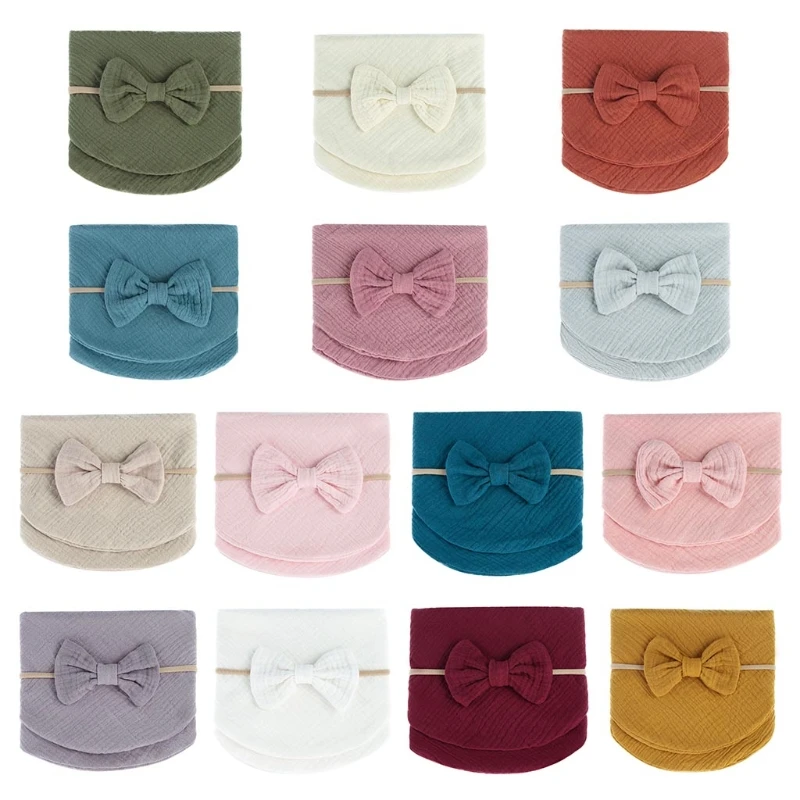 

12.2x12.2 " Baby Double Gauze Cloth Saliva Towel with Mini Bow Headband 2 Pcs