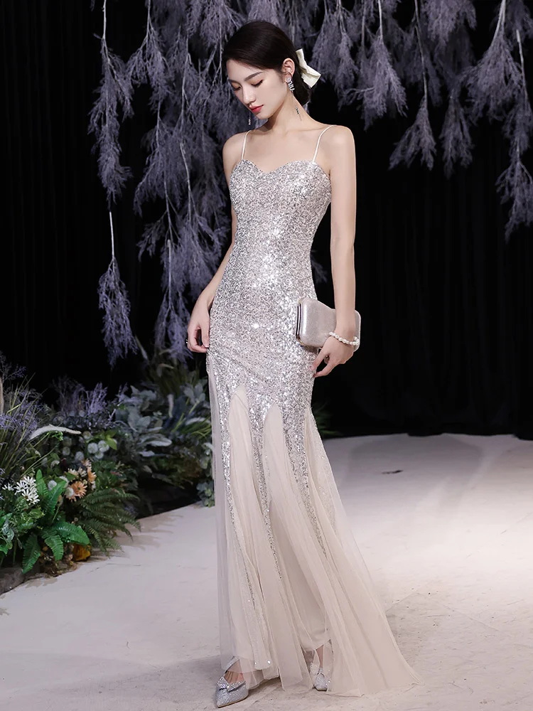 

Серебряное Вечернее платье на бретельках для женщин, новый стиль 2023 года, элегантное, женское роскошное, маленькая толпа, Высококачественная сетчатая юбка рыбий хвост