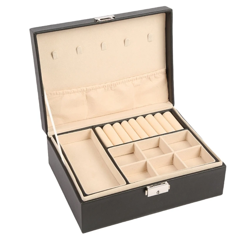 

Кожаная двухслойная шкатулка для драгоценностей с деревянной рамкой, женская косметика для хранения колец, ожерелий, серег,