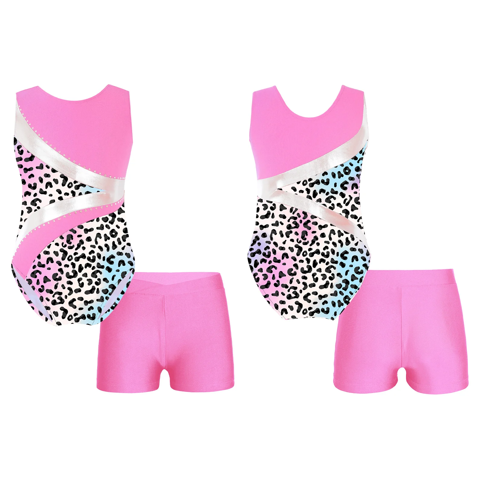 Kids Sleeveless Leopard Print Gymnastics Leotard with Shorts Yoga Gymnastics Jumpsuit for Girl Children Ballet Dance Outfits