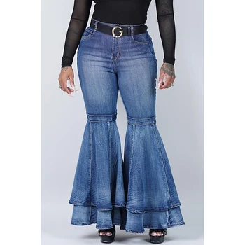 Plus Size Casual Blue Denim With Pocket Ruffle Wide Leg Flared Jeans