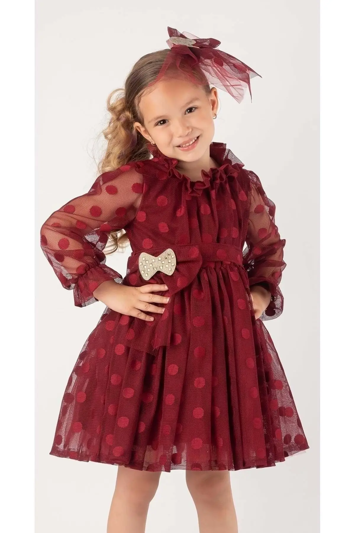 

Bold Polka Dot Girl Lace Dress Cotton Burgundy Pocket-Free Clothing