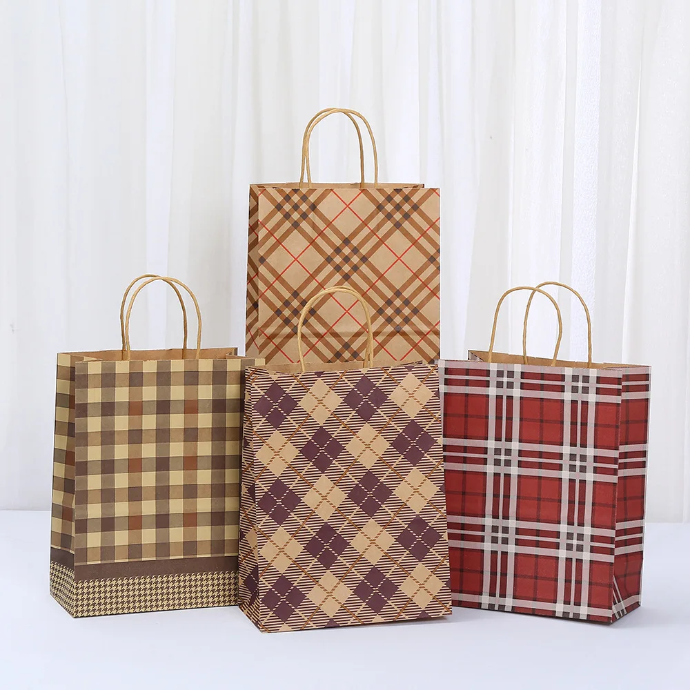 20PCS Retro Plaid Kraft Paper Gift Bags with Twisted Handles, Stylish Reusable Tote Bag... - SKU KPGB1515 - UGI Packaging