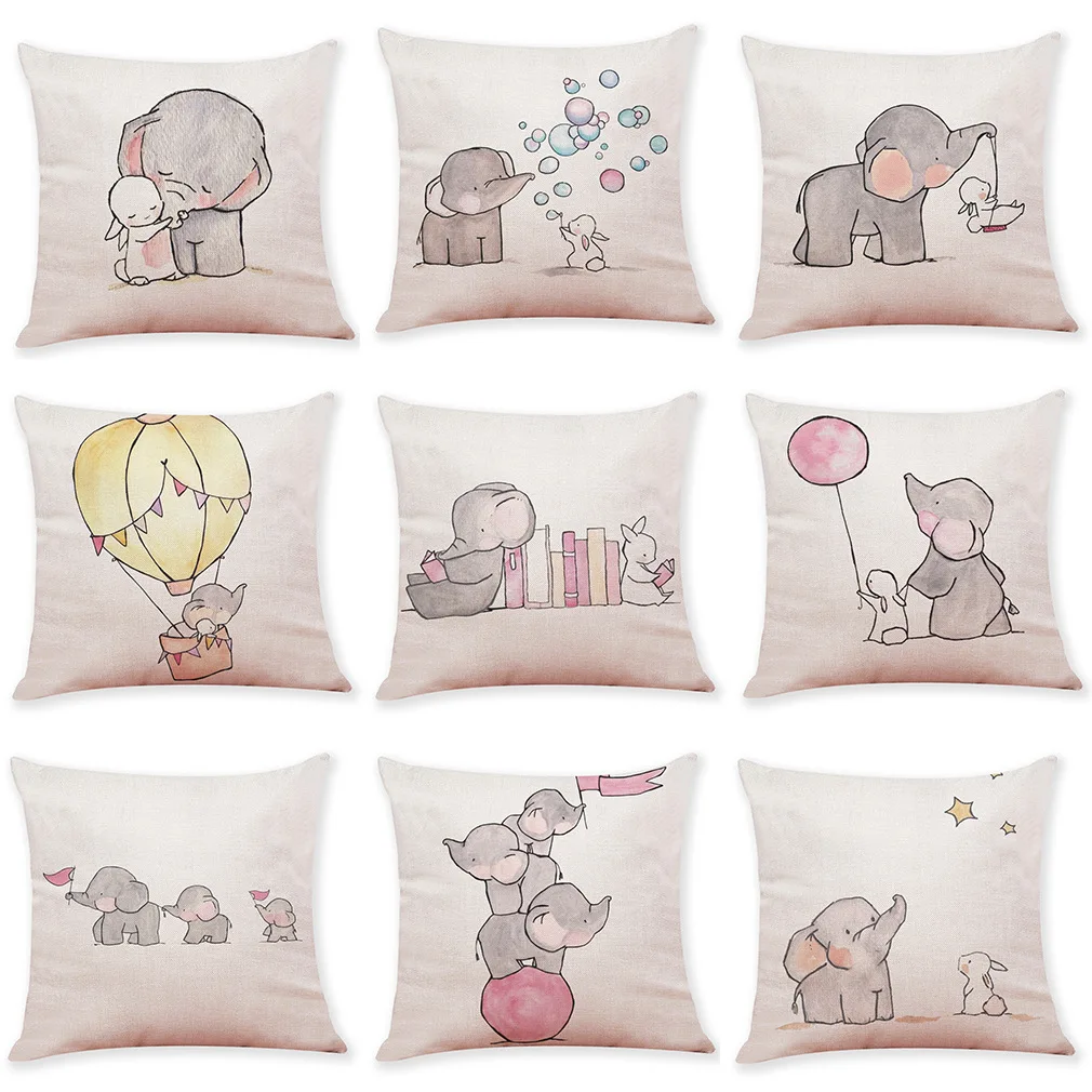 

Cute Elephant Decorative Pillowcase Cartoon Elephant Cotton Linen Throw Pillow Case Boy Girl Kid Room Gift Pillow Cover for Bed
