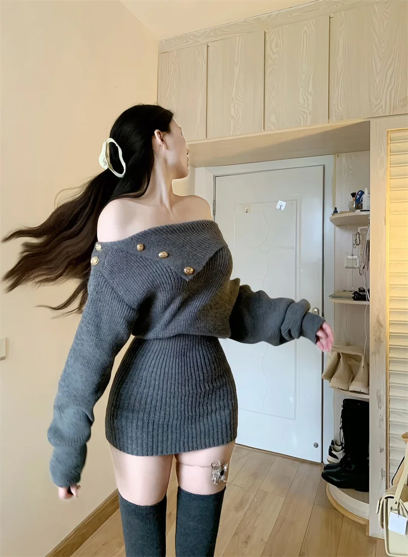 

2023 Autumn Winter Women's Knitted Dress Slash Neck Long Sleeve Shoulderless Lady Sexy Dress Slim Hips Female Mini Dress Sweater