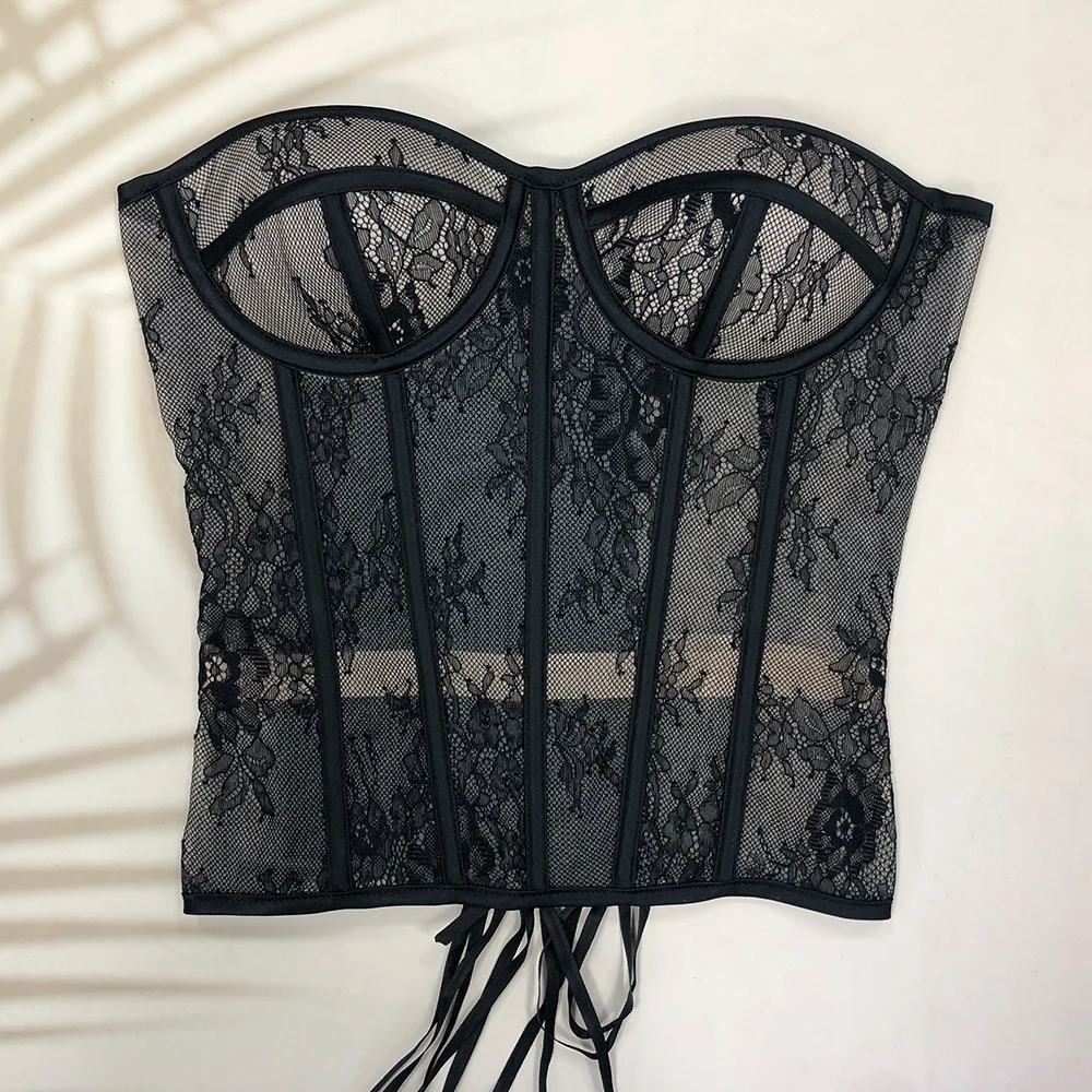 Steel Bone Korset Woman Hollow Out Strapless Lace Bra Bustier Top Mesh Women Lingerie Black White Biege Corset