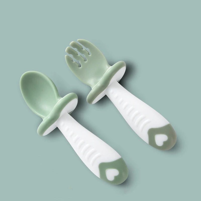 2Pcs/Set Baby Silicone Spoon Fork Cutlery Set Feeding Tableware Learn Spoon Set Short Easy silicone feeding spoon,silicone cutlery set,learning spoons,fork spoon set,baby cutlery