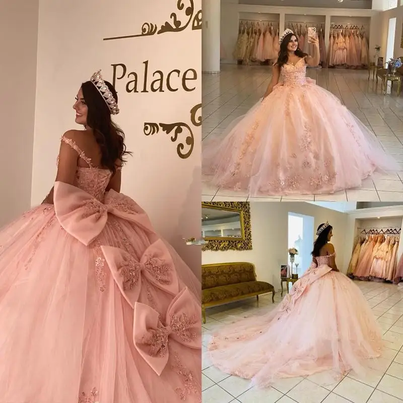 Quinceanera Dresses ANGELSBRIDEP Pink Bow Quinceanera Dresses Off Shoulder Floral Beading Lace Vestidos De 15 Anos Formal Party Prom Dresses Corset