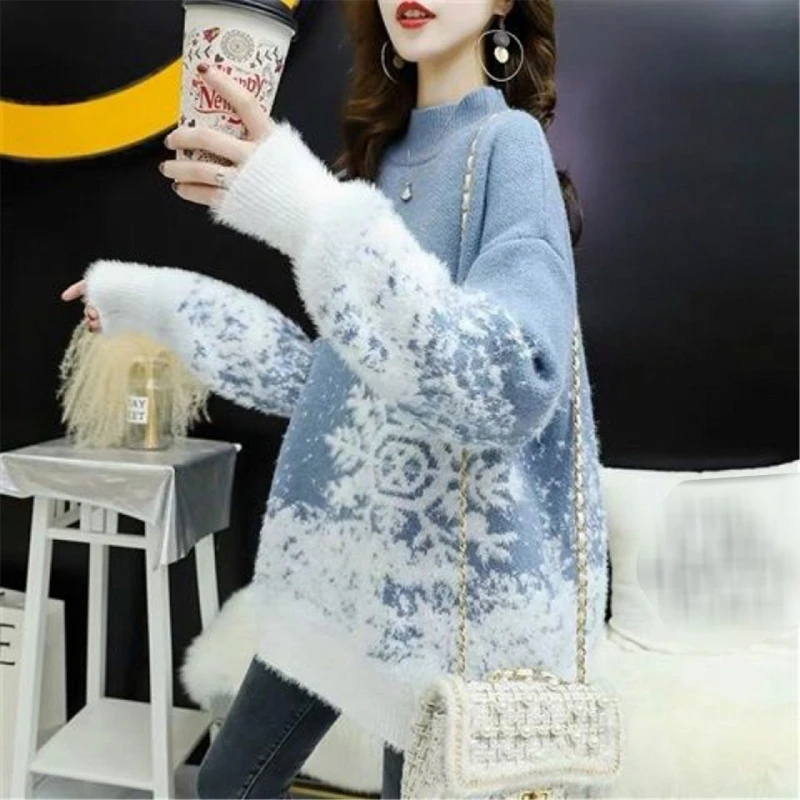 

Autumn Winter Long Sleeve Snowflake Pattern Pullover Women Sweater Knitted Round-neck Tops Jumper Female Costume 10CF