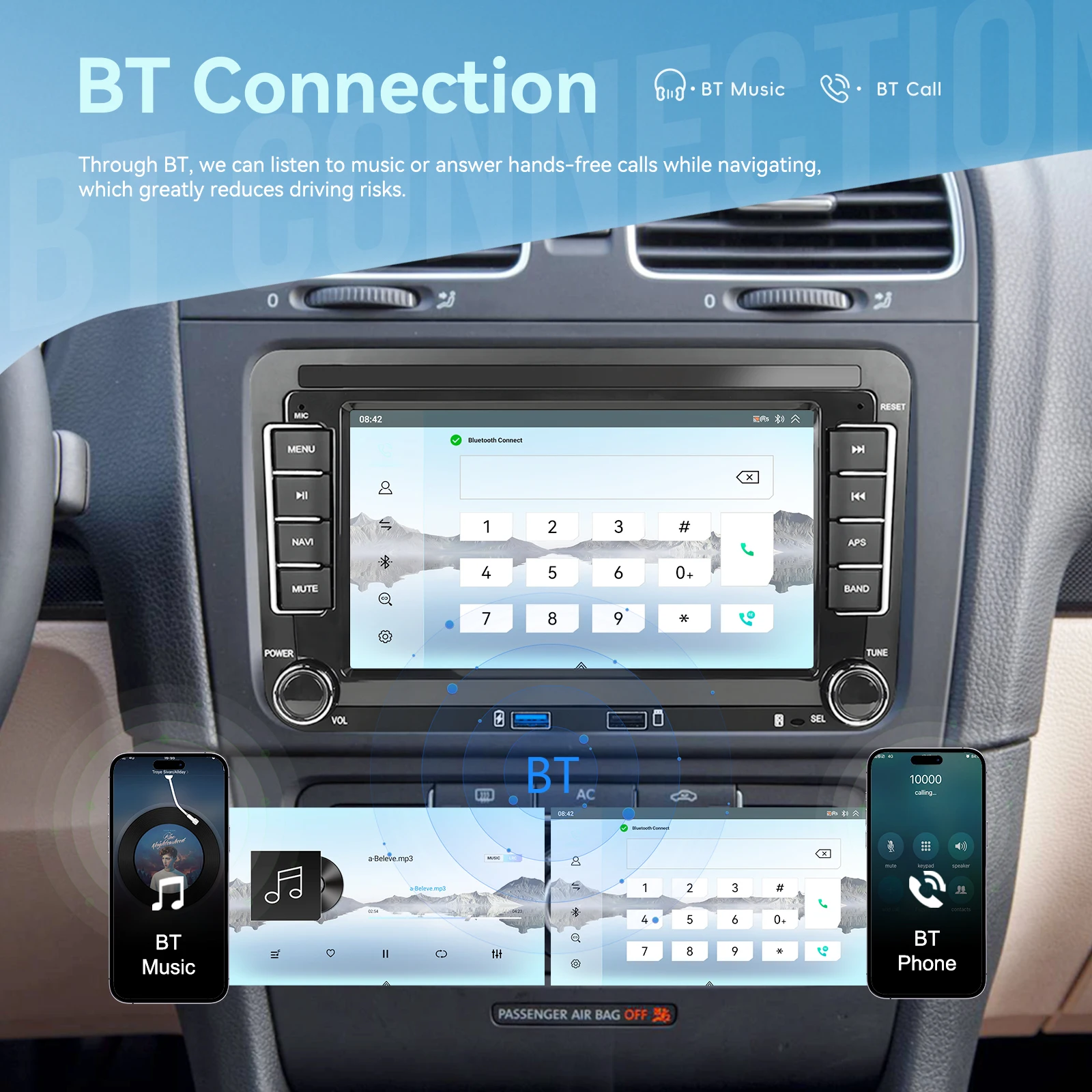Podofo 4+64G 7'' Autoradio für VW/PASSAT/TOURAN/GOLF Multimedia-Player 8-Kern Qualcomm Carplay Android Auto DSP RDS BT Auto-Audio – Detail 17