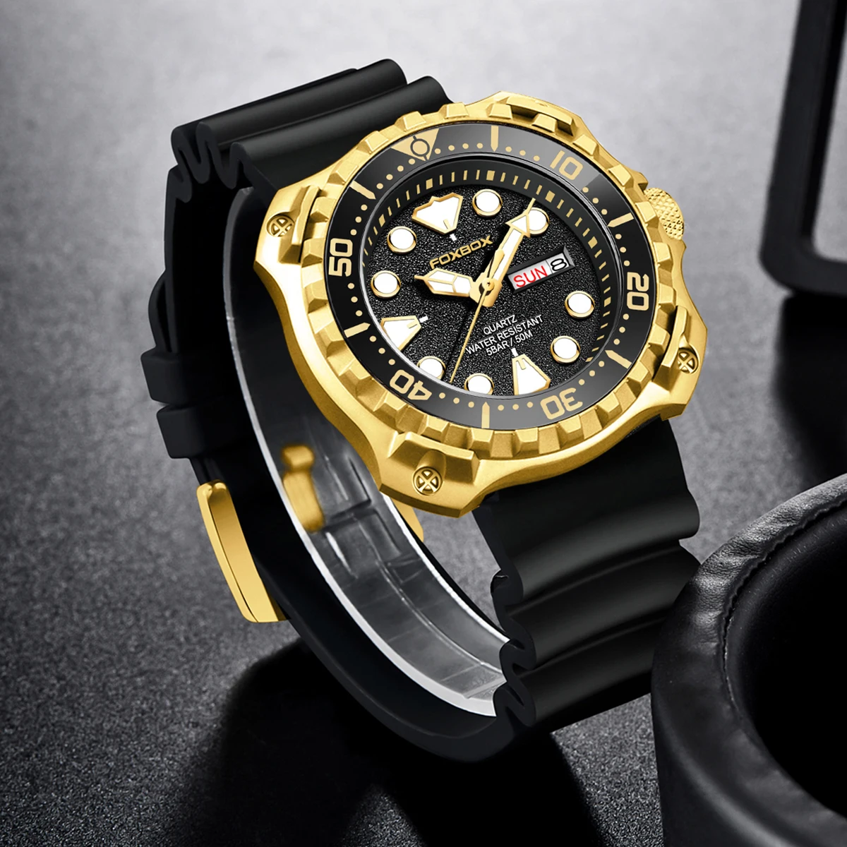 吹付GOLD10、黒10 FOXBOX Gold Man Wristwatch Top Brand Luxury Sports Silicone
