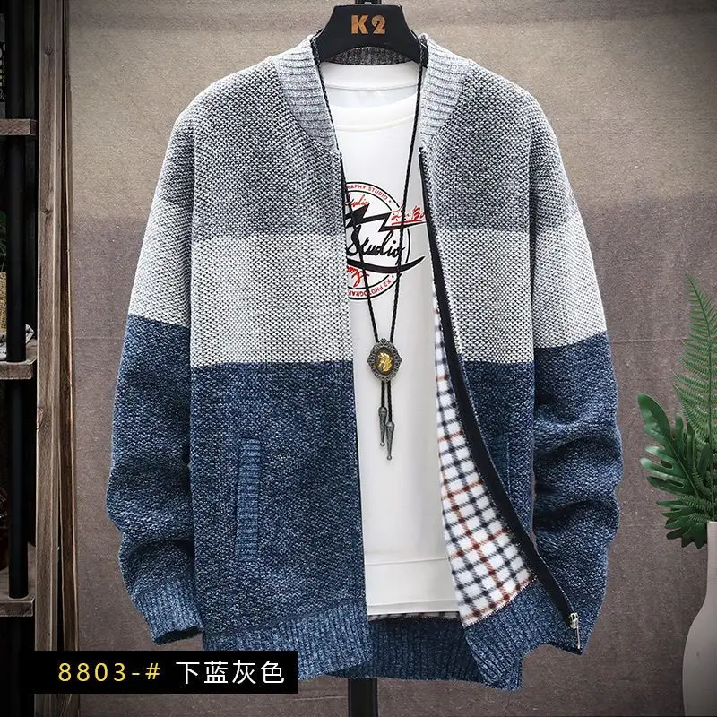 Autumn Winter New Men's Casual Long Sleeve Patchwork Sweater Thick Stand Collar Loose Solid Color Cardigan Zipper Knitted Coats