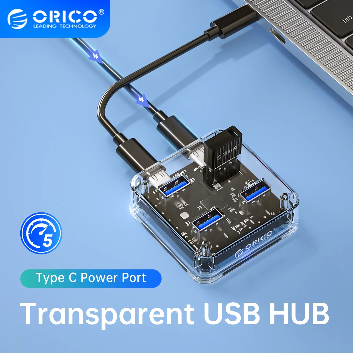 ORICO Transparent Usb C Hub 4 Port Expansion With Power Supply Interface Usb 3.2 Protocol High Speed Transmission OTG Dapter