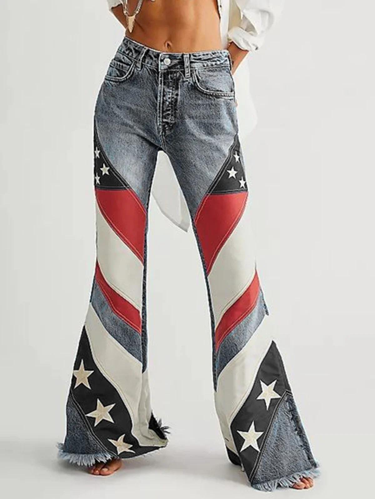 Women Jeans Fashion High Waist Vintage Flag Print Trousers Casual Denim Patchwork Washed Raw Trim Flare Leg Jeans New Arrival