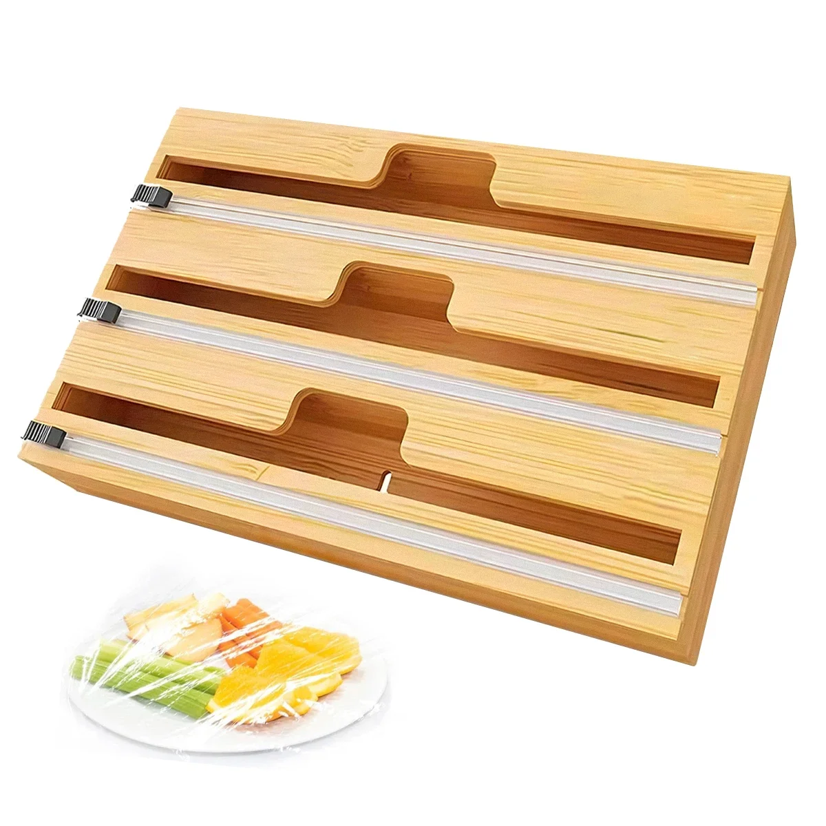 Hot 3 IN 1 Bamboo Wrap Dispenser with Cutter Food Wrap Cling Film Storage Organizer Bamboo Foil Organizer for Kitchen Drawer 5