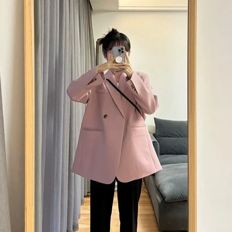 

Over Coats for Women Solid Jacket Pink Dress Loose Outerwears Long Clothes Korean Style on Offer with Free Shipping Blazer Woman