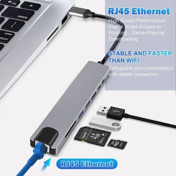 8 in 1 USB C Hub Type C to 4K HDTV Adapter with RJ45 SD/TF Card Reader Fast Charger for MacBook Notebook Windows Laptop Computer 6