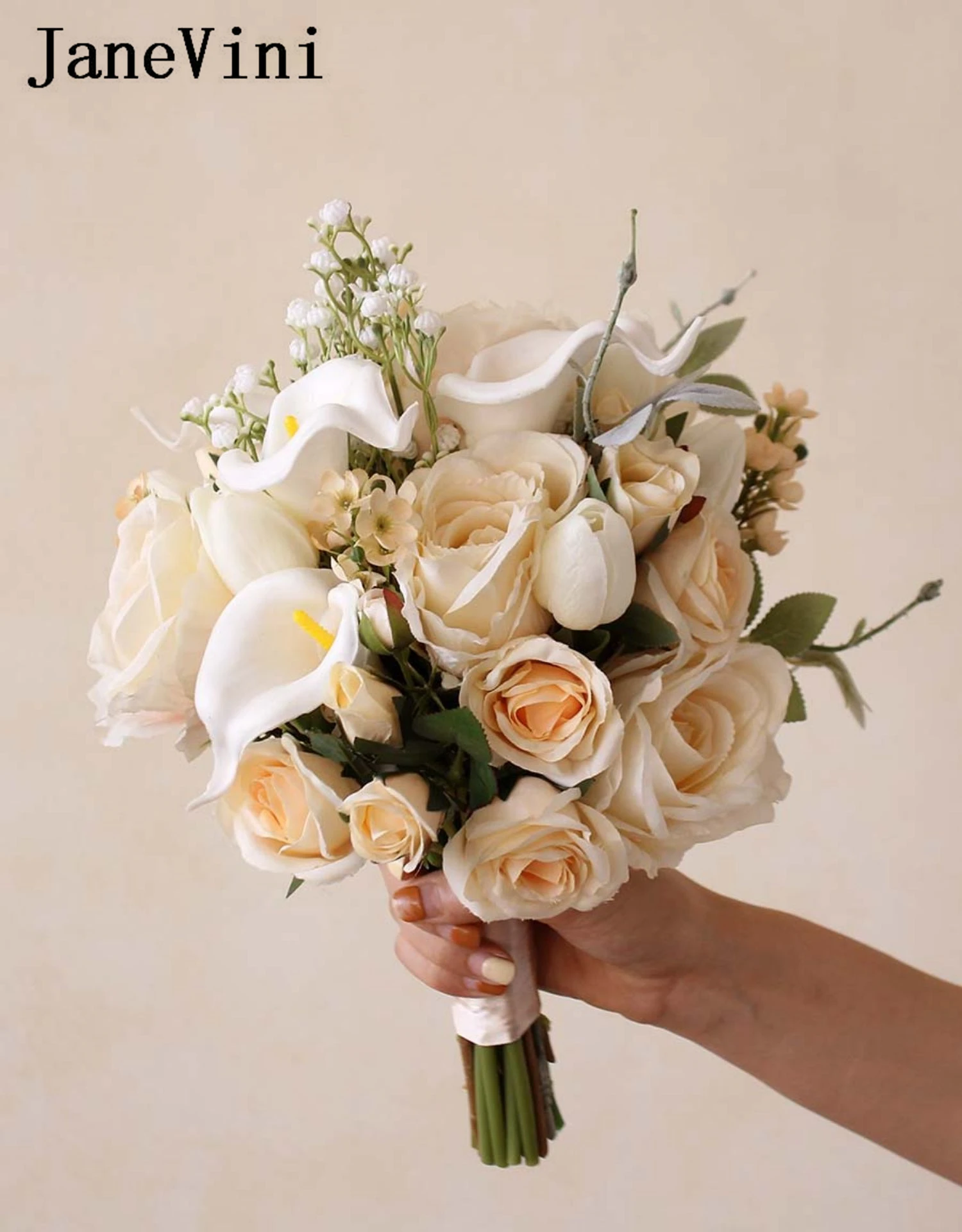 JaneVini Champagne Roses Artificial Flower Bouquet for Wedding Real Touch White Calla Lillies Bridal Bouquet Buchete Mireasa
