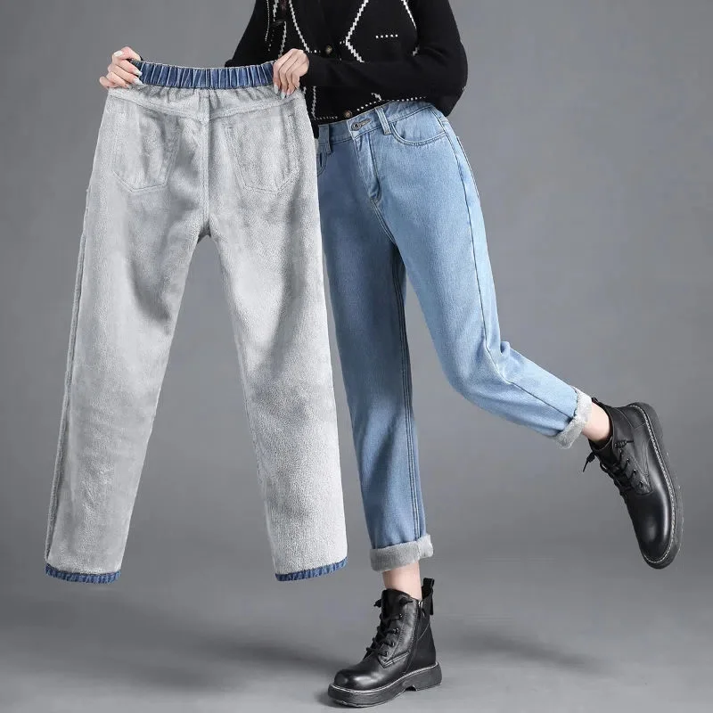 

New Women Jeans High Waist Thermal Jeans Winter Warm Stretchy Fleece Lined Denim Pencil Pants Blue Black Female Pants Trousers