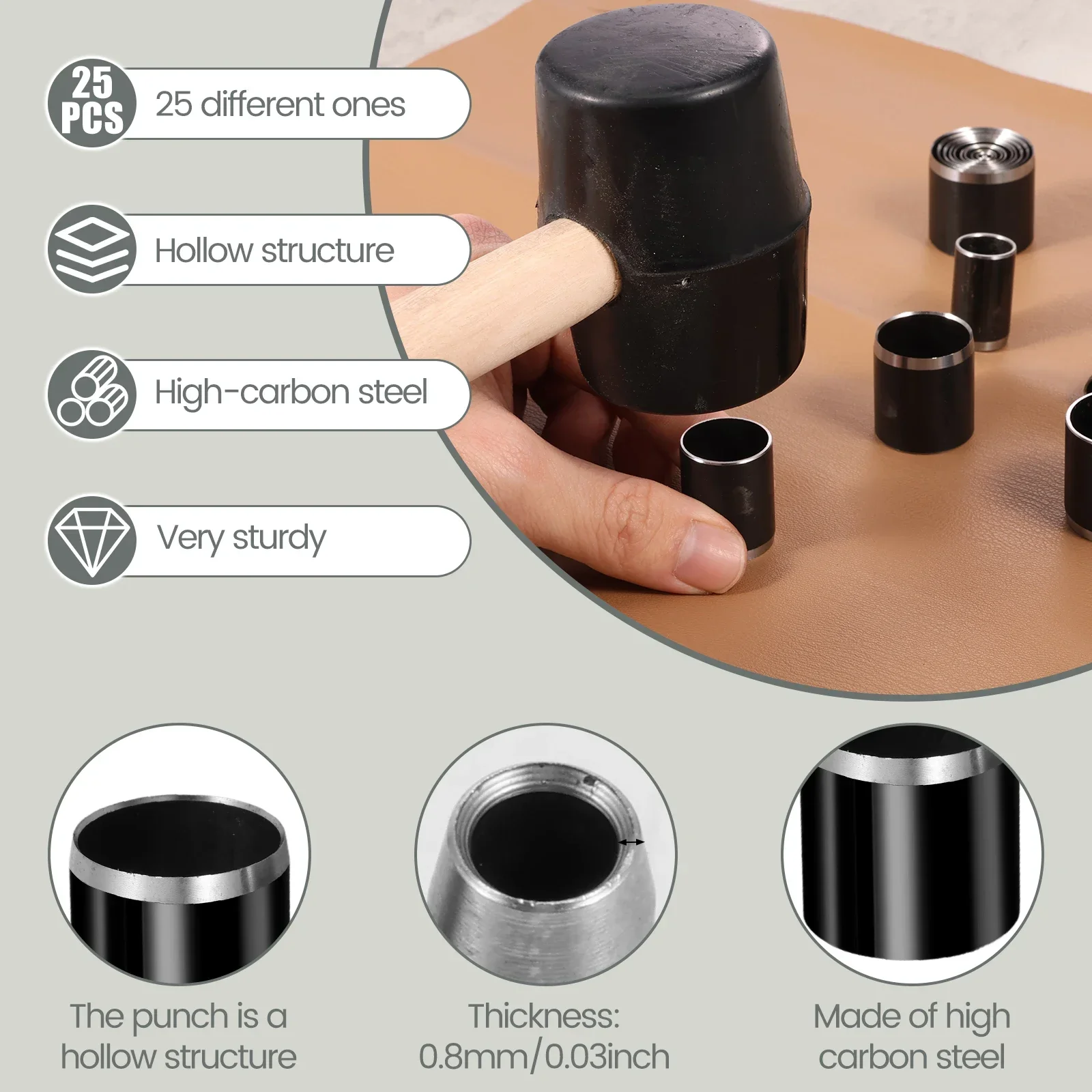 25Pcs Leather Hole Punch Circle Cutter Tool Set Punching Die Set 1-22mm Hole Puncher Leather Punch Tool for Handmade DIY Craft