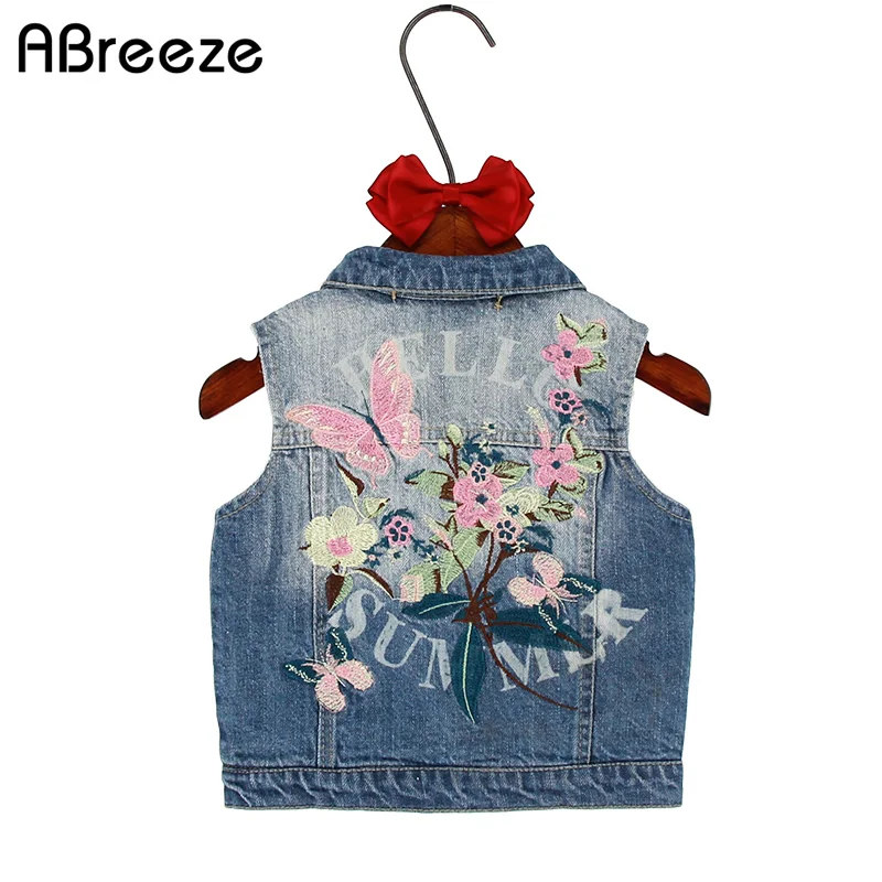 Size 120 Kids Outerwear Spring Autumn Kids Denim Clothes Girl Children Floral Butterfly Embroidered Coat Cowboy Waistcoats Vest