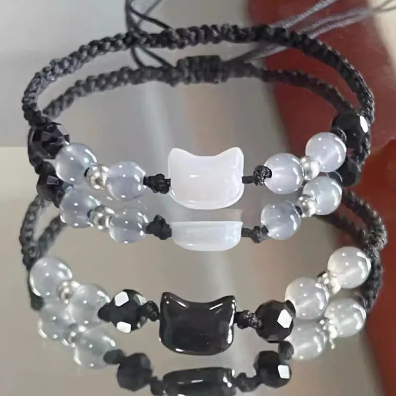 2pcs Natural Moonstone Obsidian Bracelets Couple Minimalist Bracelet Handmade Cute Black White Cat Bracelet Party Jewelry Gifts 1