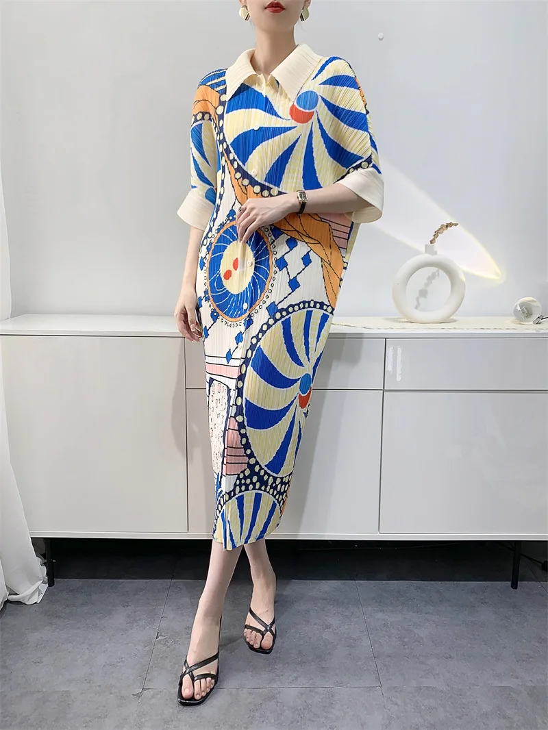 Miyake Pleated Women's Dresses Mid-length Printed Dresses Loose Plus Size Bat Sleeve Fashion Casual Skirts 2024 Early Spring New