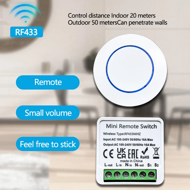 AXUS 433HMz 무선 조명 스위치 10A 릴레이 수신기 RF 라운드 버튼 원격 110V 220V 230V 미니 모듈 LED 램프 컨트롤러