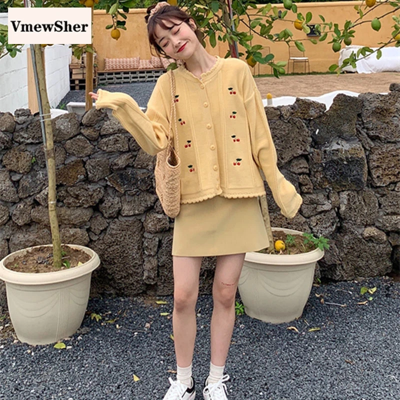 

VmewSher New Spring Sweater Harajuku Cherry Embroidery Loose Cardigan Fall Fashion Long Sleeve Korean Tops Chic Preppy Style