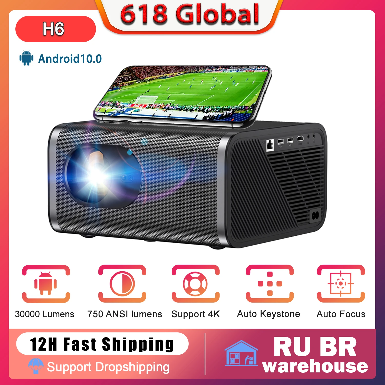 Polaring H6 Digital Projector 1080P 4K 30000 Lumens 750ANSI Automatic Trapezoid Video Projetor Home Proyector Outdoor Projectors