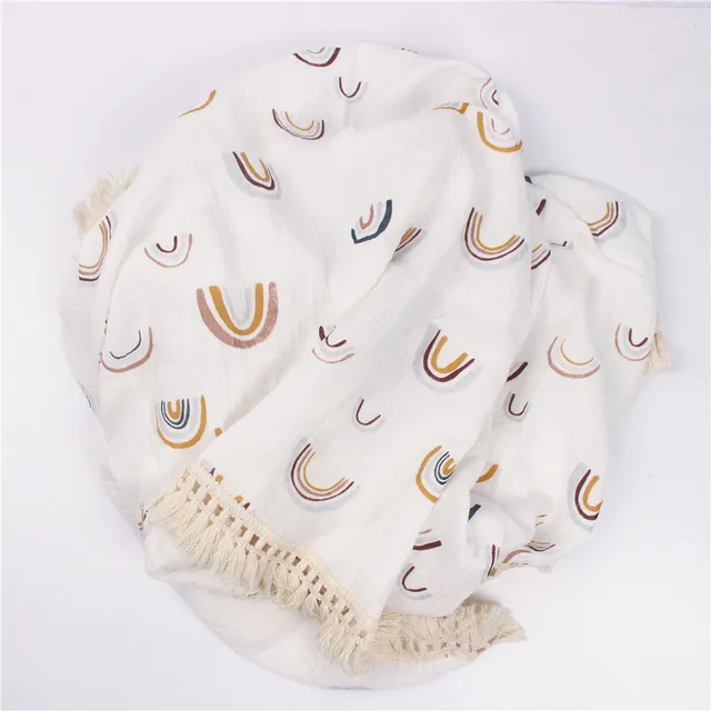 Cotton Muslin Swaddle Blankets for Newborn Baby Tassel Receiving Blanket New Born Swaddle Wrap Infant Sleeping Quilt Bed Cover Rainbow