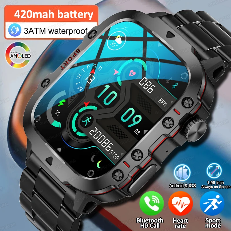 Smart Watch Men Rugged Durable 1.96 \'\' HD Display Bluetooth Call 420mah Blood Pressure 3ATM Sport Smart Watch For Huawei Xiaomi