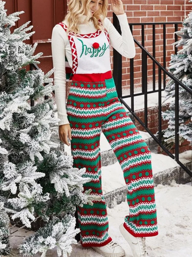 BKLD 2023 Autumn Winter Christmas Knitted Strap Long Pants Overalls Loose Fashion Snowflake Pattern Jumpsuit One Pieces Women