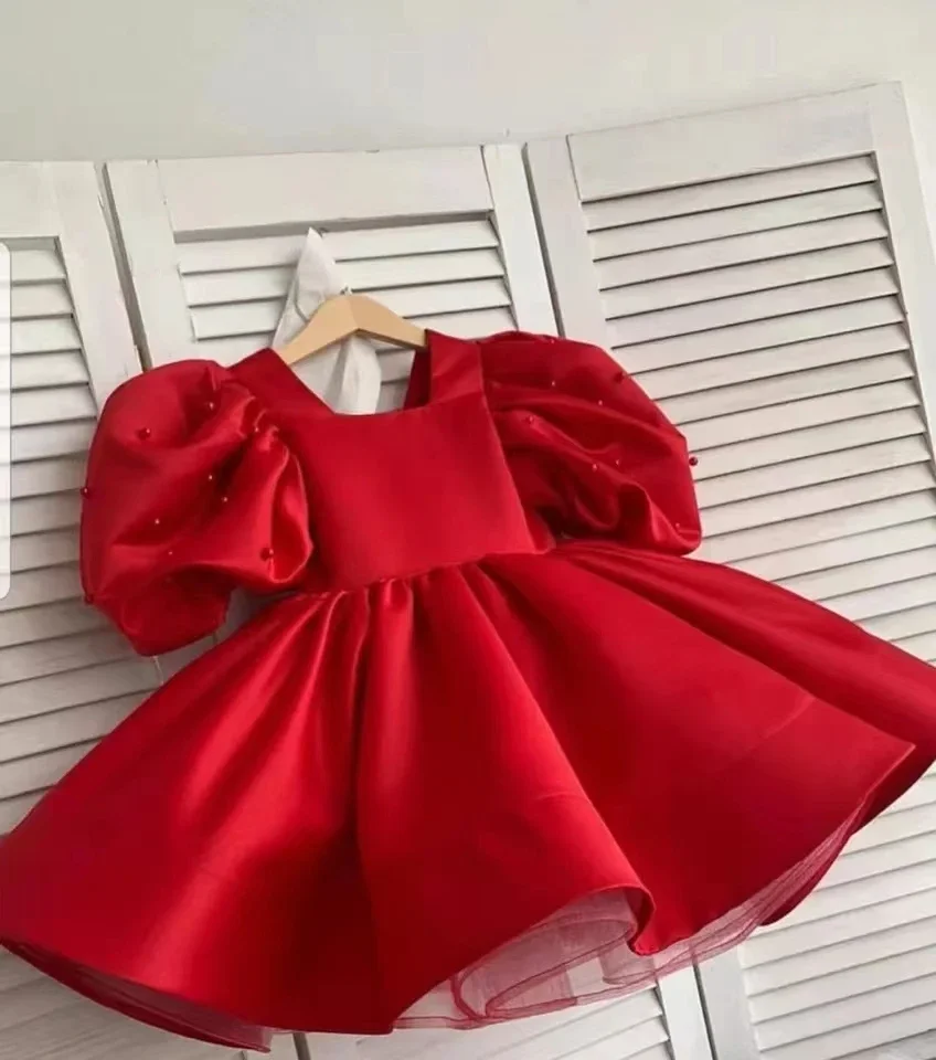 Pearls Flower Girl Dress Scoop Neckline Puff Girls Party Dresses for Wedding Short Sleeves Satin Kids Christmas Ceremonial Dress