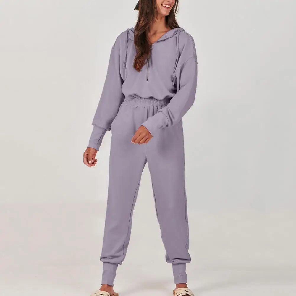 

Женский спортивный комбинезон с эластичным поясом, однотонный комбинезон с капюшоном и длинным рукавом, с поясом на резинке