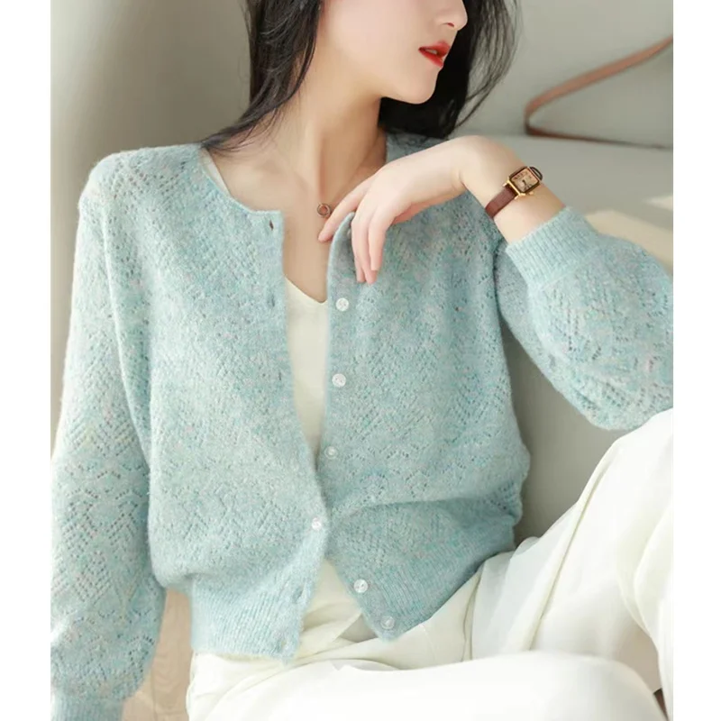 여성용 할로우 아웃 100% 순울 카디건, 라운드넥 스웨터, 짧은 스웨터, 루즈한 캐시미어 작은 코트, 봄 및 가을 패션