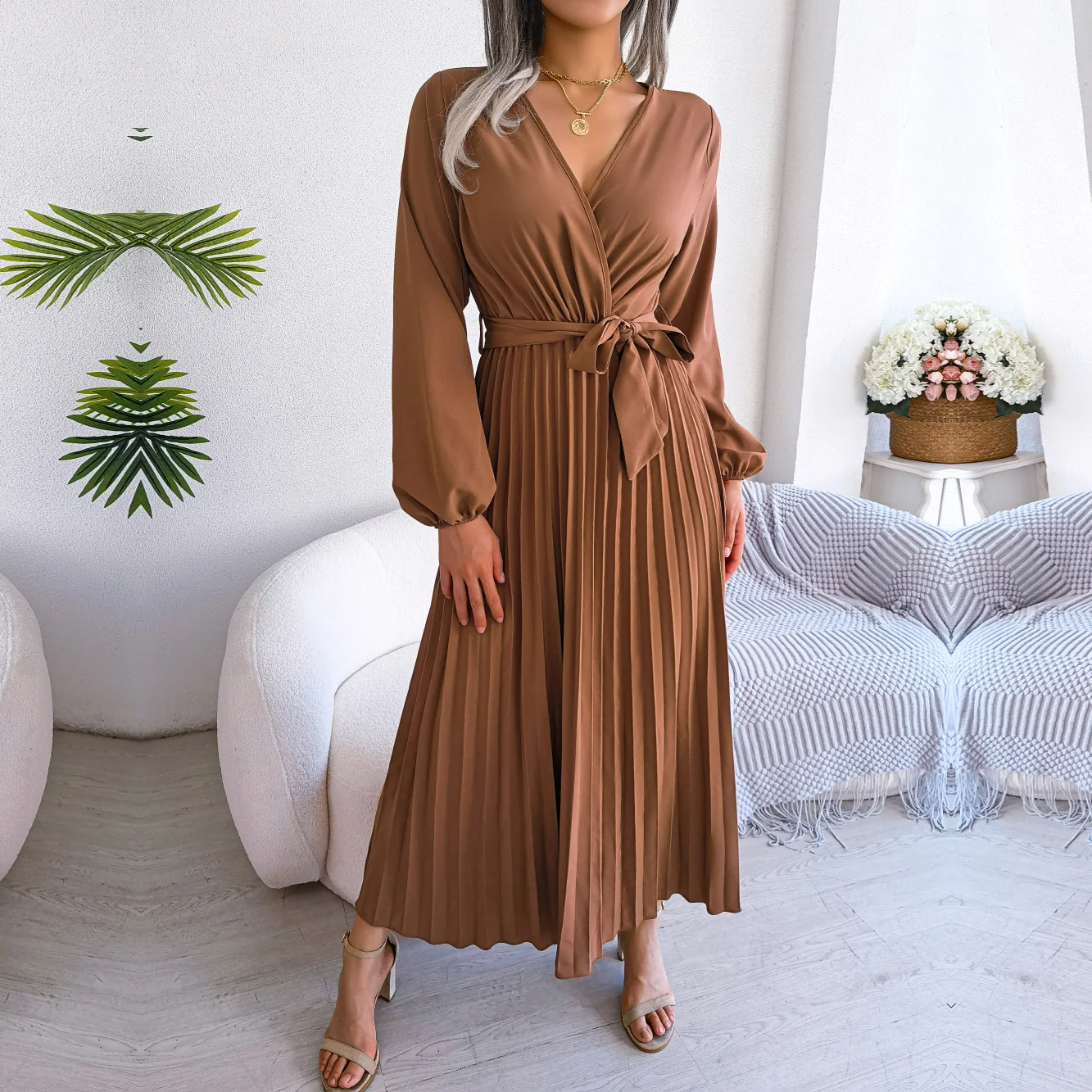 

SEPARQI 2023 New Women Spring Summer Temperament Cross Solid Color V Neck Large Hem Pleated Long Dress For Fashion Lady ins