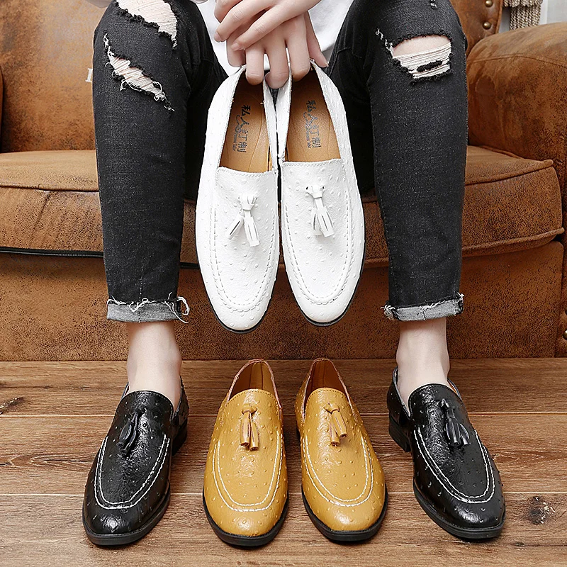 White Tassel Men's Leather Shoes Casual Moccasin Homme Men's Oxford Shoes Flat Boat Business Loafers