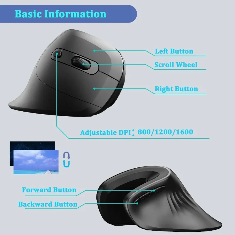 Ergonomic Wireless Vertical Optical Mouse with Adjustable DPI