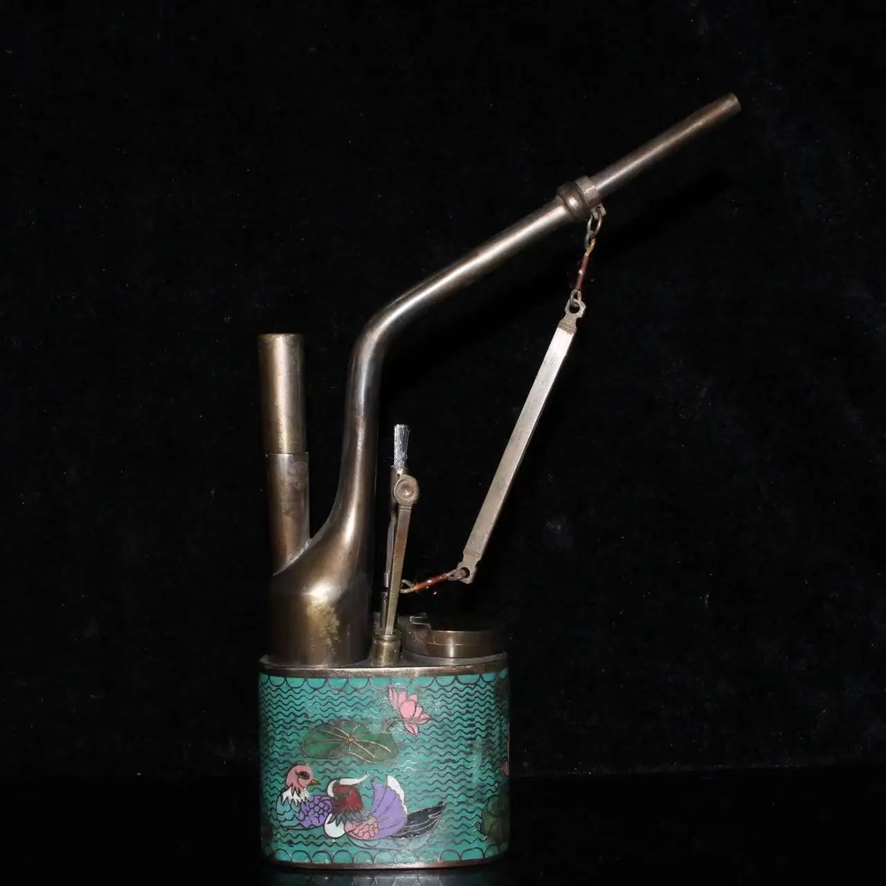 

Rare Qing Dysansty copper&cloisonne carved pastel pattern pipe statue,1842,very old