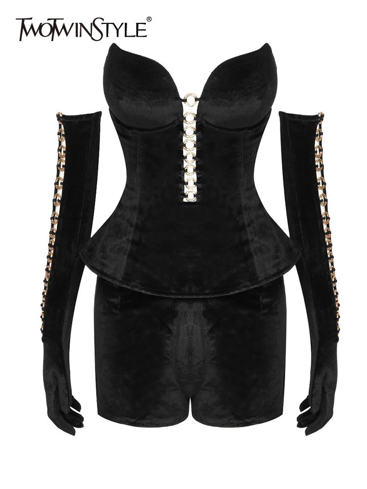 

TWOTWINSTYLE Mini Two Piece Set For Women Strapless Sleeveless Patchwork Metal Ring Sexy Top High Waist Short Slim Set Female