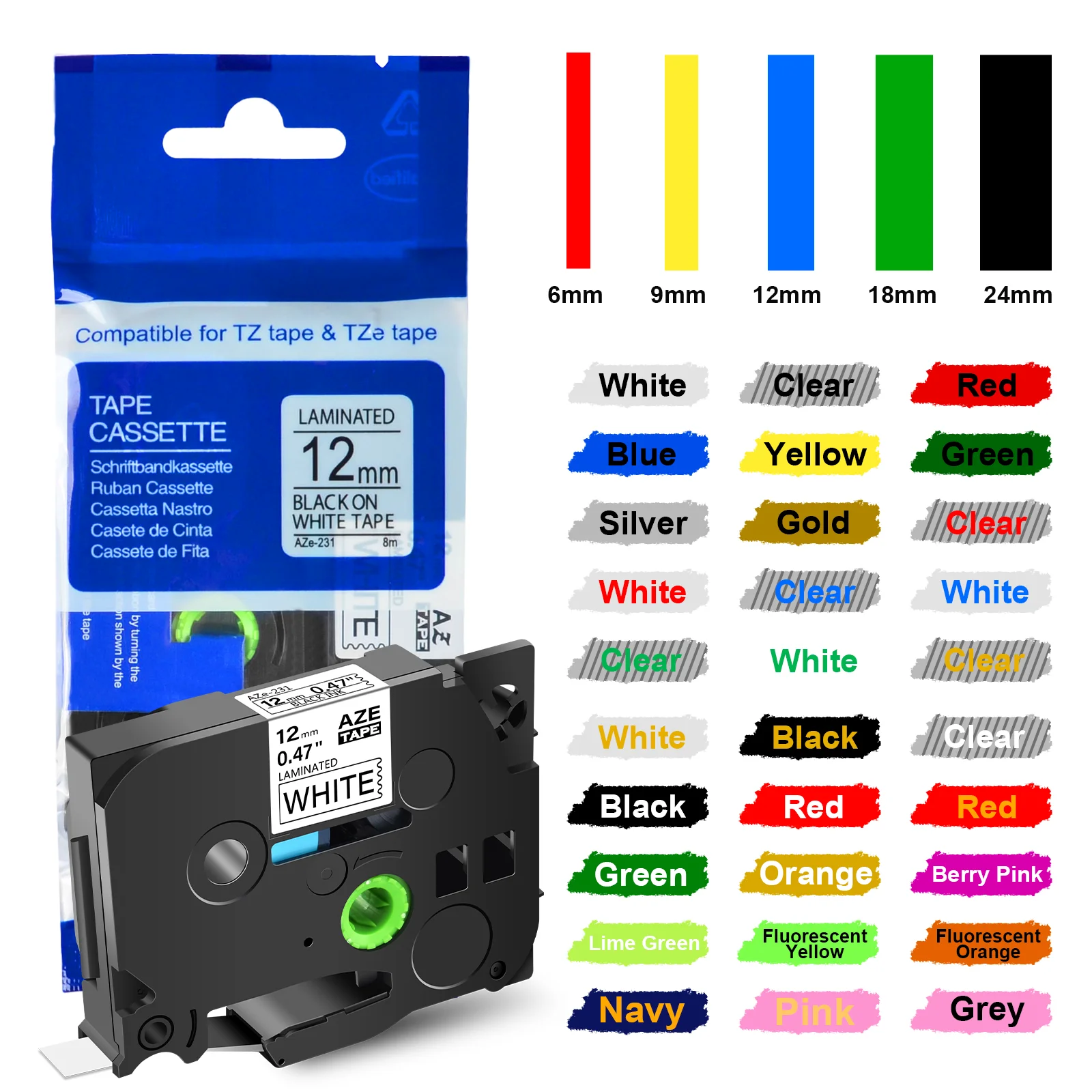 

Ярлыки совместимы с Brother TZ 631 241 131 531 6/9/12/18/24 мм для принтеров этикеток P-Touch H110, черно-белые, 1 шт.