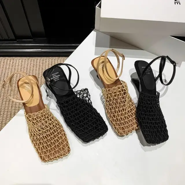 2025 Summer Luxury Fashion Designer Sandals Women's Lace Mesh Square Toe Shallow Narrow Strap Braided Slip-on High Heels Sandals 2