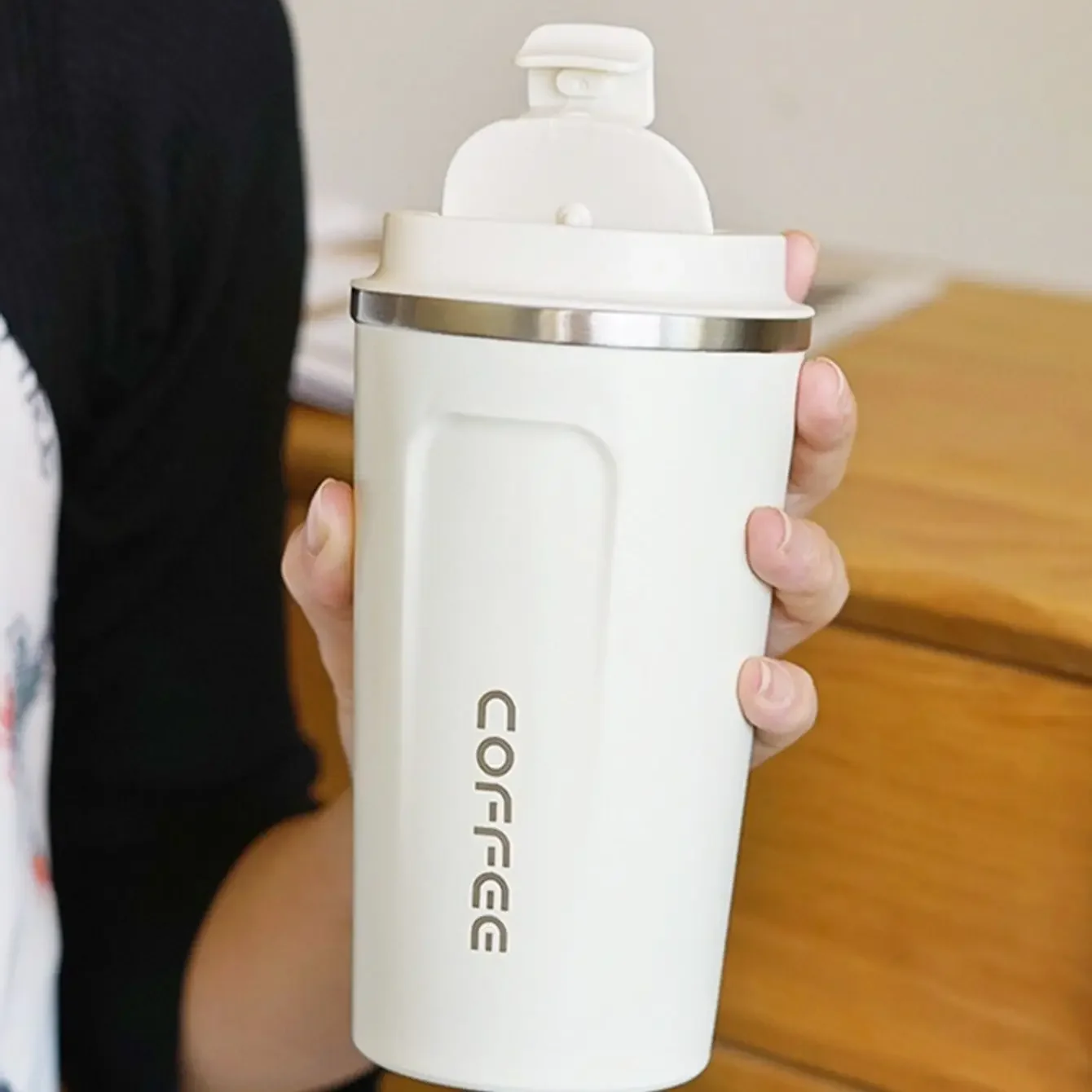 1pc-Coffee cup with lid, 304 stainless steel coffee cup, summer and winter drinks, birthday gift