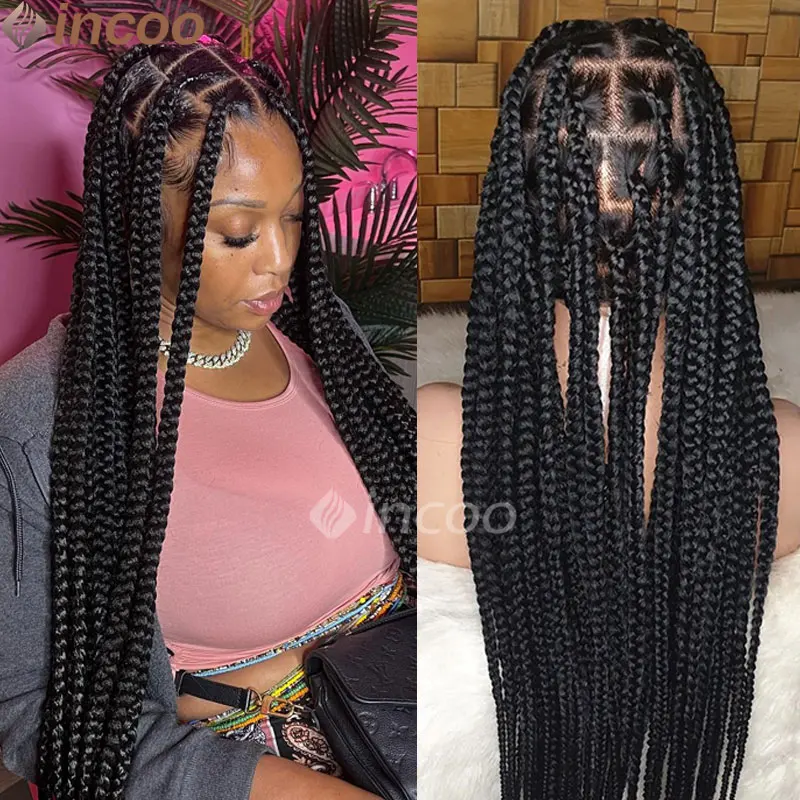 

Large Box Cornrows Braided Wigs Synthetic Jumbo Braids Wig 36" Knotless Full Lace Front Wigs Jumbo Braids Faux Locs Wig