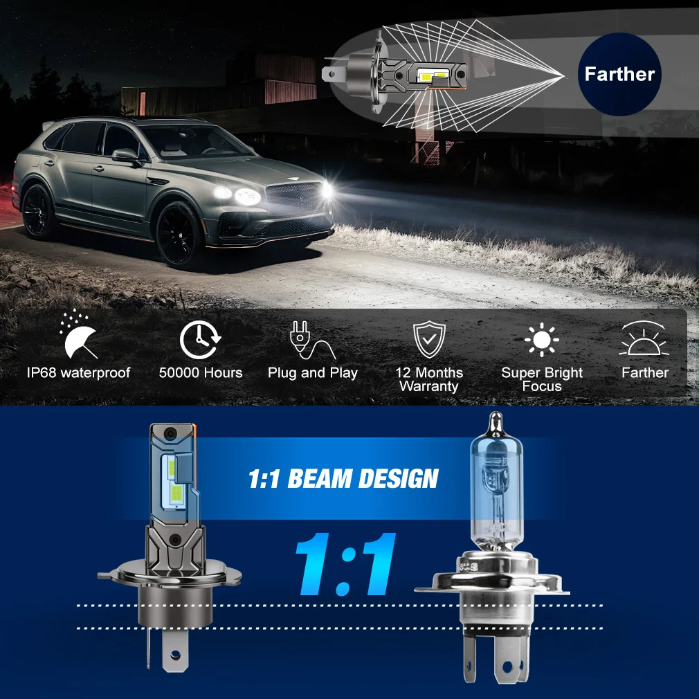 TOAUTO H4 LED 자동차 라이트 H1 H3 H11 H7 LED 헤드라이트 캔버스 30000LM 100W 자동 터보 램프 상/하향등 자동차 헤드라이트 6000K