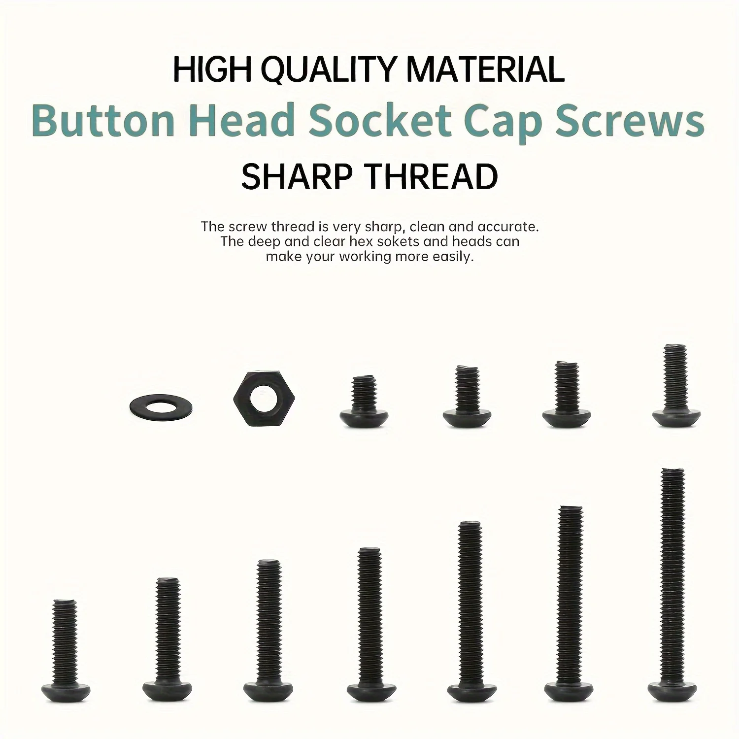 Button Head Socket Cap Screws Bolts And Nuts Flat Washers Assortment Kit, 10.9 Grade Alloy Steel