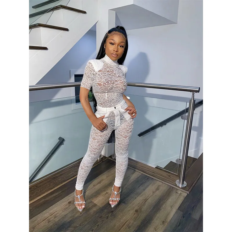 

HEZIOWYUN Womens 2Pcs Clubwear Outfit Sets Short Sleeve High Neck Zipper Tops + Lace Floral See Through Pants Tracksuit